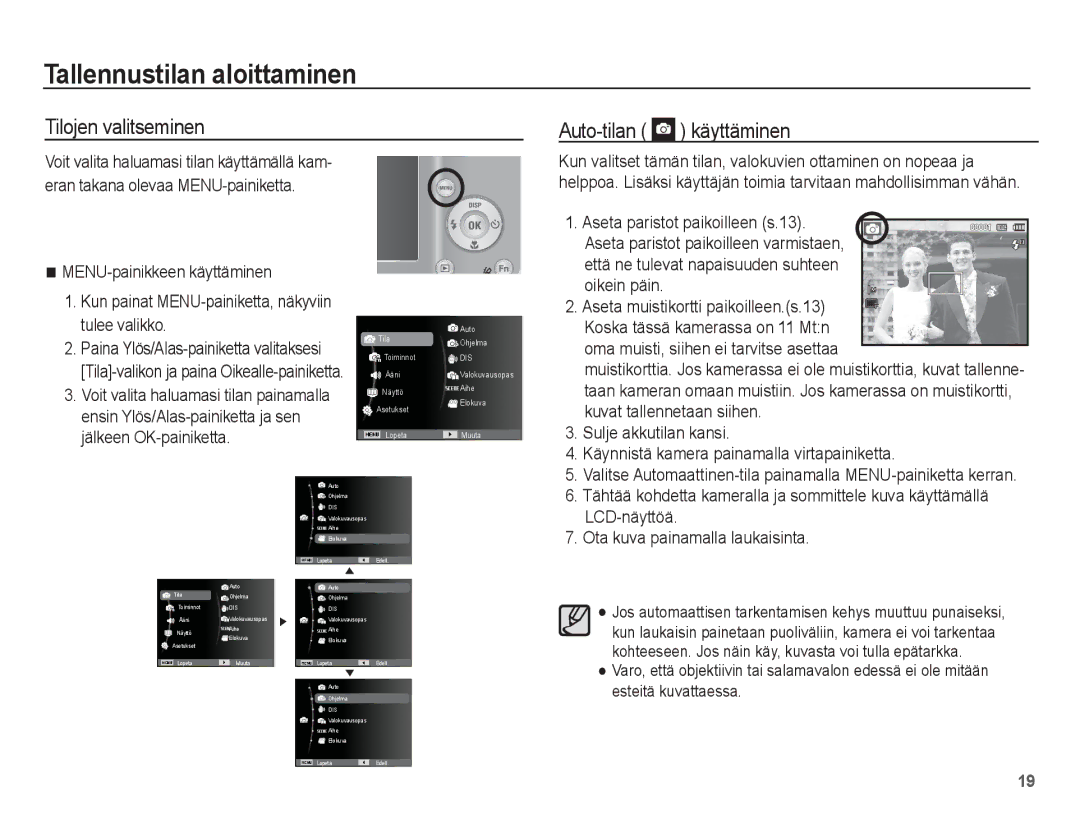 Samsung EC-ES15ZBBA/E2 manual Tallennustilan aloittaminen, Tilojen valitseminen Auto-tilan käyttäminen, LCD-näyttöä 