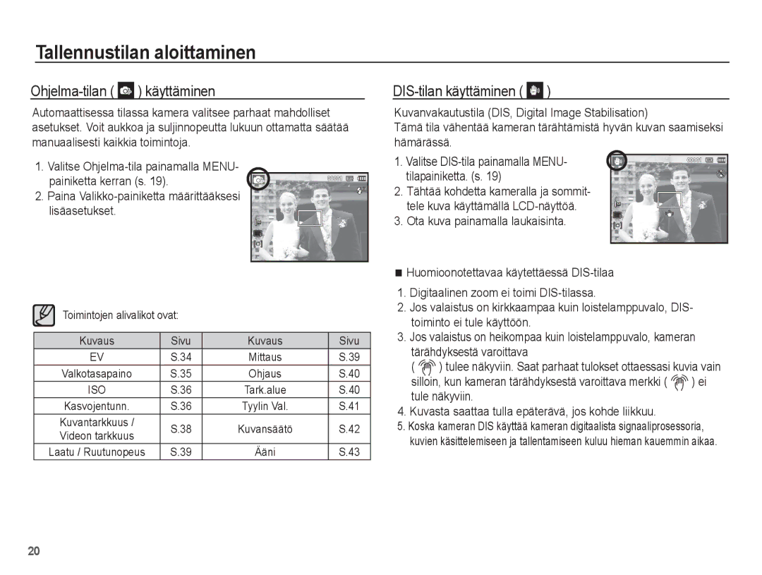 Samsung EC-ES15ZWBA/E2 manual Ohjelma-tilan käyttäminen, DIS-tilan käyttäminen, Toimintojen alivalikot ovat Kuvaus Sivu 