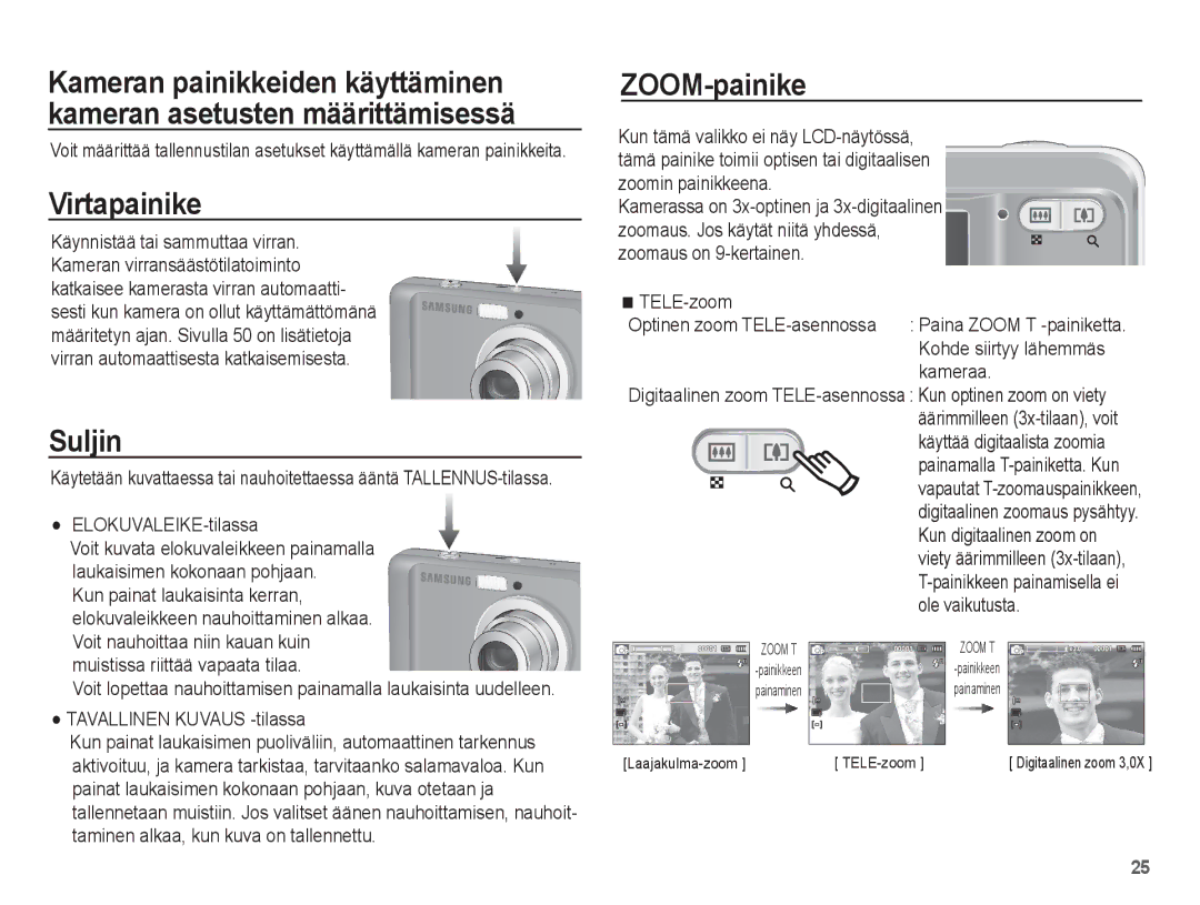 Samsung EC-ES15ZSBA/E2, EC-ES15ZBBA/E2, EC-ES15ZWBA/E2, EC-ES15ZPBA/E2 manual Virtapainike, Suljin, ZOOM-painike 