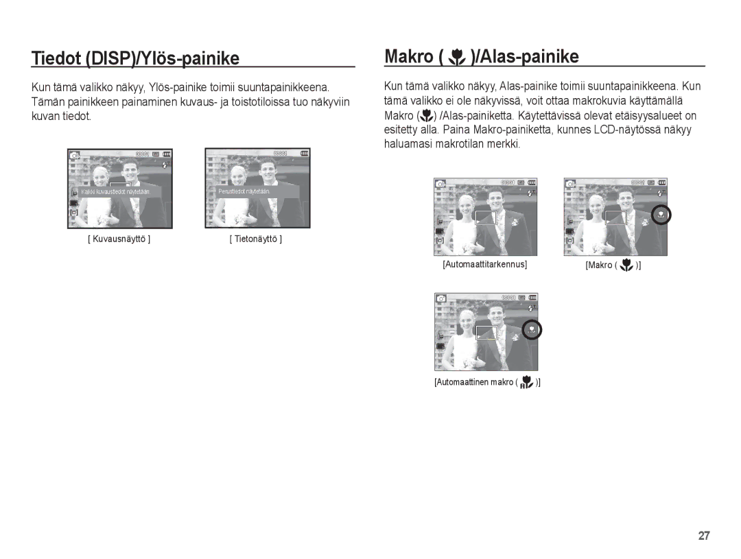 Samsung EC-ES15ZBBA/E2, EC-ES15ZWBA/E2, EC-ES15ZSBA/E2, EC-ES15ZPBA/E2 manual Tiedot DISP/Ylös-painike, Makro /Alas-painike 