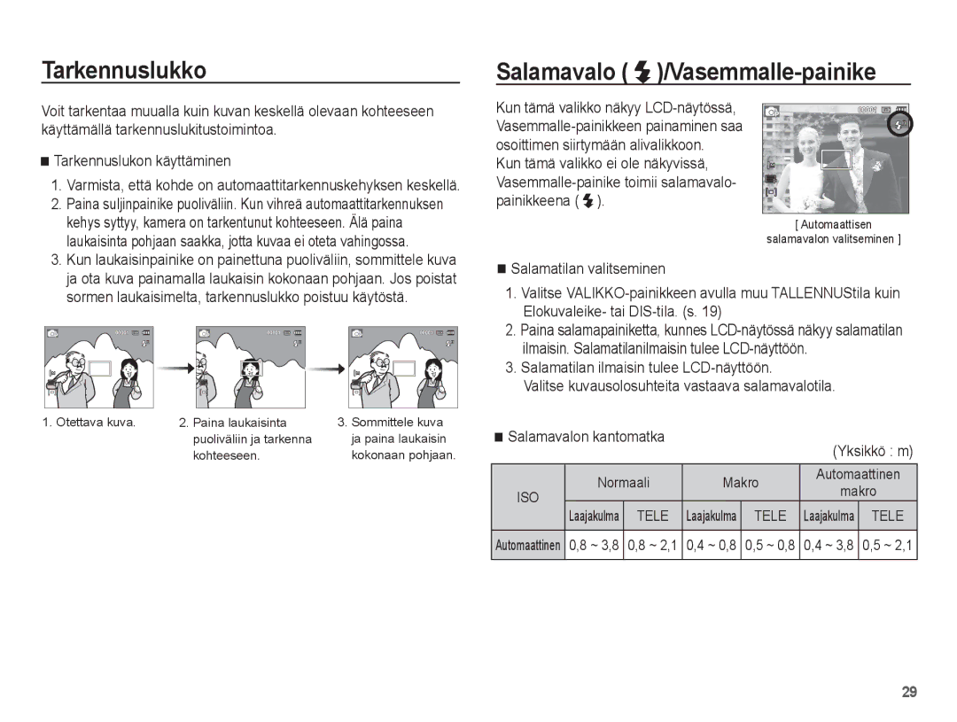 Samsung EC-ES15ZSBA/E2 manual Tarkennuslukko, Salamavalo /Vasemmalle-painike, Salamatilan valitseminen, Normaali Makro 