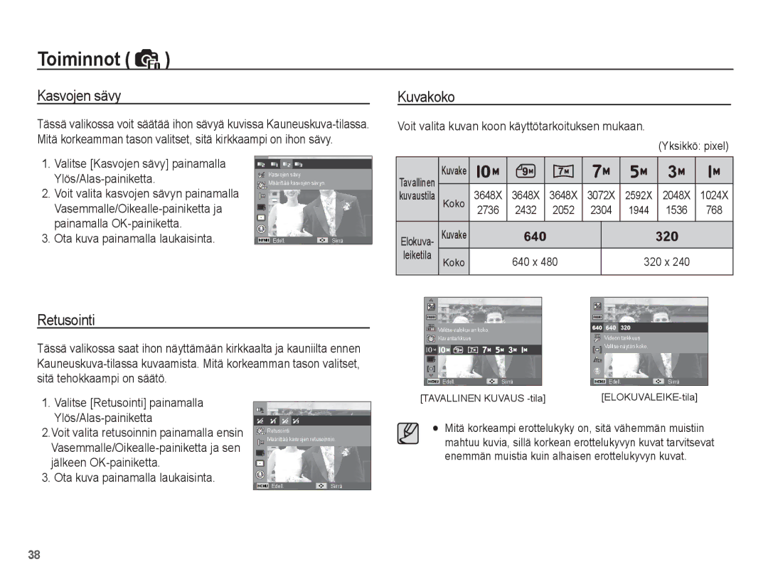 Samsung EC-ES15ZPBA/E2 manual Kasvojen sävy, Kuvakoko, Retusointi, Voit valita kuvan koon käyttötarkoituksen mukaan 