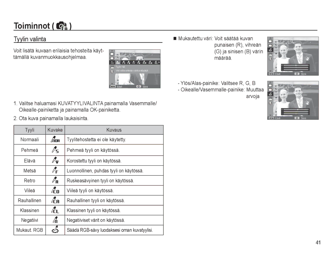 Samsung EC-ES15ZSBA/E2, EC-ES15ZBBA/E2, EC-ES15ZWBA/E2, EC-ES15ZPBA/E2 manual Tyylin valinta 