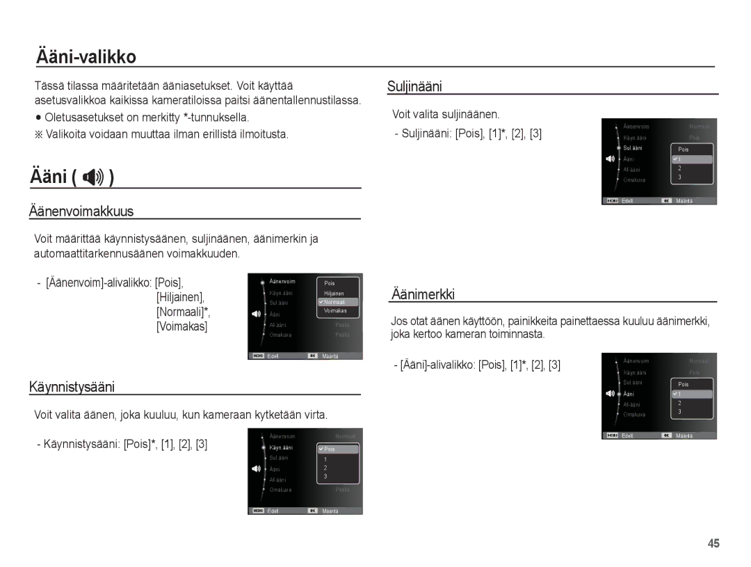 Samsung EC-ES15ZSBA/E2, EC-ES15ZBBA/E2, EC-ES15ZWBA/E2, EC-ES15ZPBA/E2 manual Ääni-valikko, Ääni  