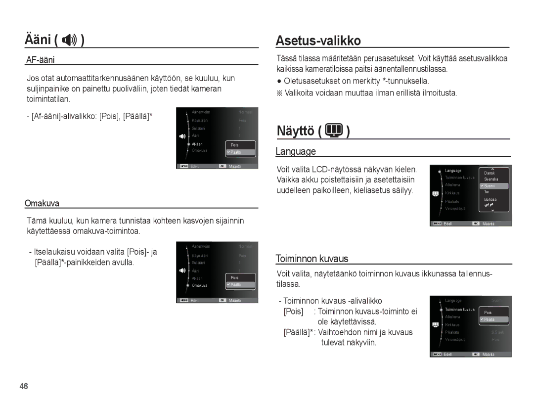 Samsung EC-ES15ZPBA/E2, EC-ES15ZBBA/E2, EC-ES15ZWBA/E2, EC-ES15ZSBA/E2 Asetus-valikko, Näyttö, Language, Toiminnon kuvaus 