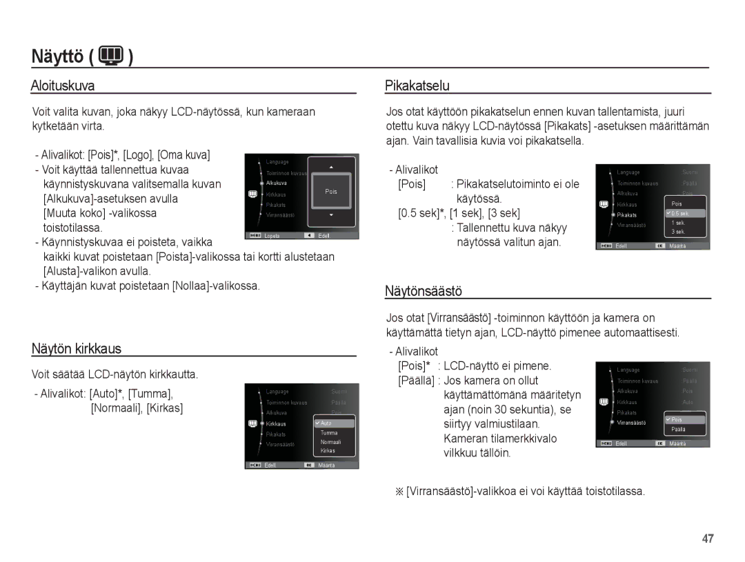 Samsung EC-ES15ZBBA/E2, EC-ES15ZWBA/E2, EC-ES15ZSBA/E2 manual Aloituskuva, Pikakatselu, Näytönsäästö, Näytön kirkkaus 