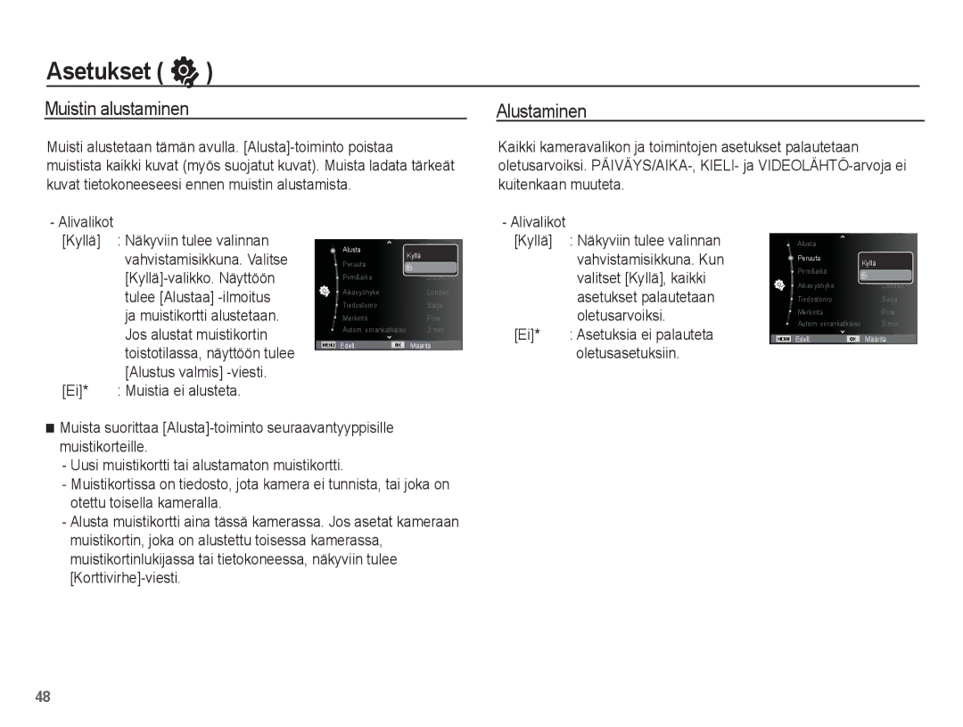 Samsung EC-ES15ZWBA/E2, EC-ES15ZBBA/E2, EC-ES15ZSBA/E2, EC-ES15ZPBA/E2 manual Asetukset, Muistin alustaminen, Alustaminen 