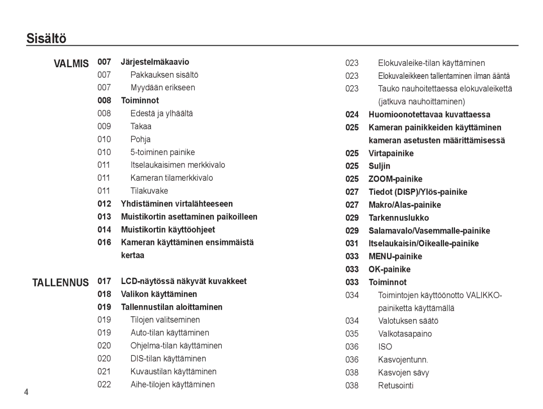 Samsung EC-ES15ZWBA/E2 manual Sisältö, Pakkauksen sisältö Myydään erikseen, Elokuvaleikkeen tallentaminen ilman ääntä 