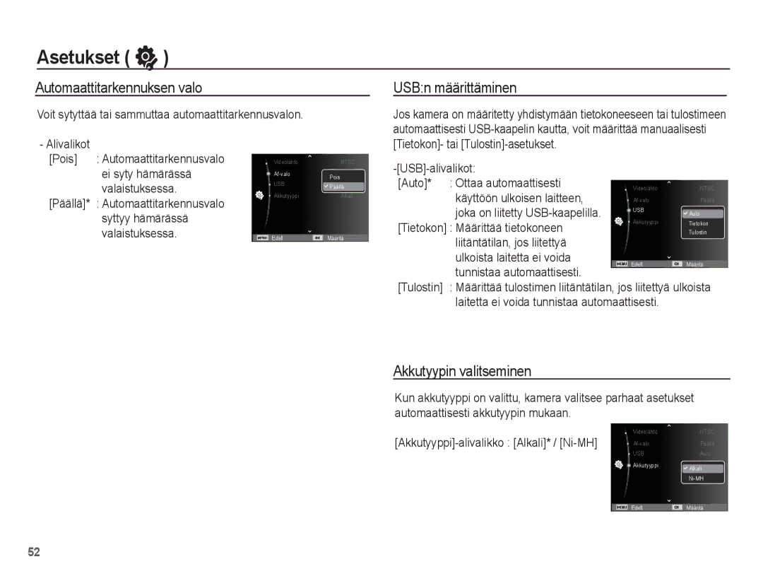 Samsung EC-ES15ZWBA/E2, EC-ES15ZBBA/E2 manual Automaattitarkennuksen valo, USBn määrittäminen, Akkutyypin valitseminen 