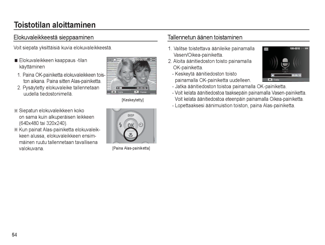 Samsung EC-ES15ZPBA/E2, EC-ES15ZBBA/E2, EC-ES15ZWBA/E2 manual Elokuvaleikkeestä sieppaaminen, Tallennetun äänen toistaminen 