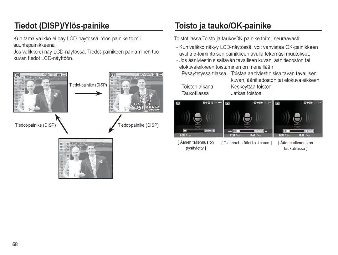 Samsung EC-ES15ZPBA/E2 manual Toistotilassa Toisto ja tauko/OK-painike toimii seuraavasti, Tiedot-painike Disp 