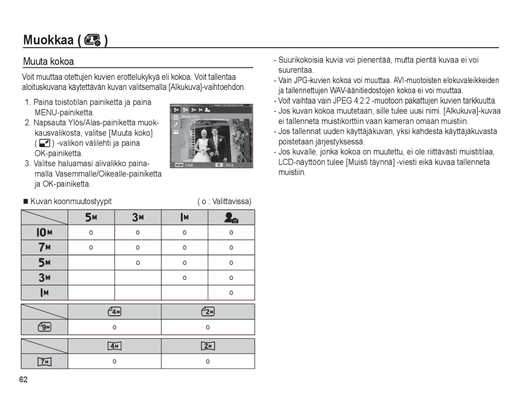 Samsung EC-ES15ZPBA/E2, EC-ES15ZBBA/E2, EC-ES15ZWBA/E2, EC-ES15ZSBA/E2 manual Muokkaa, Muuta kokoa 