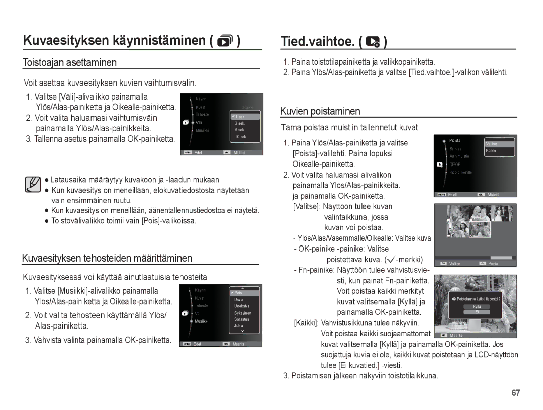 Samsung EC-ES15ZBBA/E2 Tied.vaihtoe, Toistoajan asettaminen, Kuvaesityksen tehosteiden määrittäminen, Kuvien poistaminen 