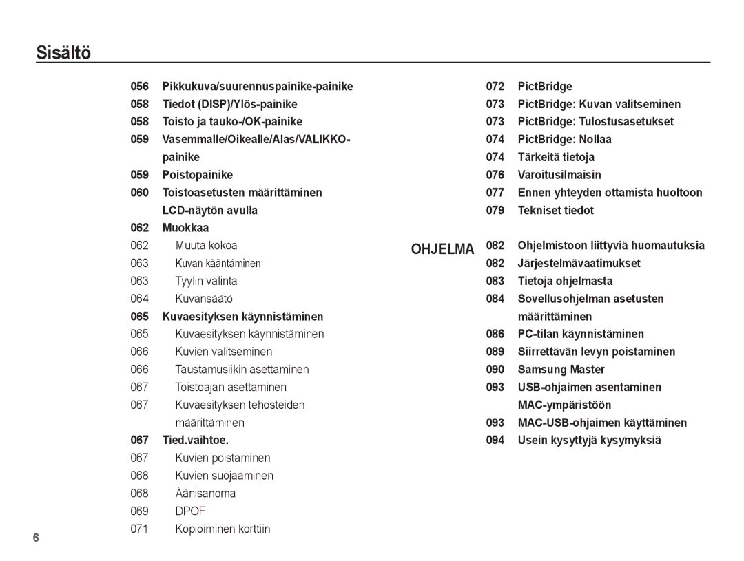 Samsung EC-ES15ZPBA/E2, EC-ES15ZBBA/E2, EC-ES15ZWBA/E2, EC-ES15ZSBA/E2 manual Ohjelma 