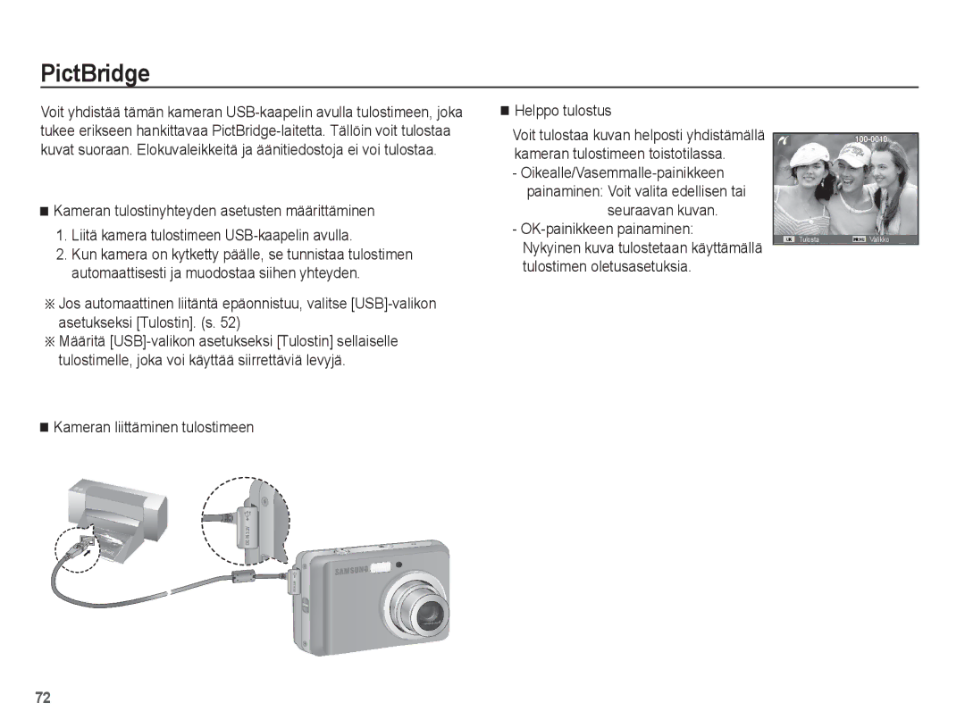 Samsung EC-ES15ZWBA/E2, EC-ES15ZBBA/E2, EC-ES15ZSBA/E2 manual PictBridge, Kameran liittäminen tulostimeen Helppo tulostus 