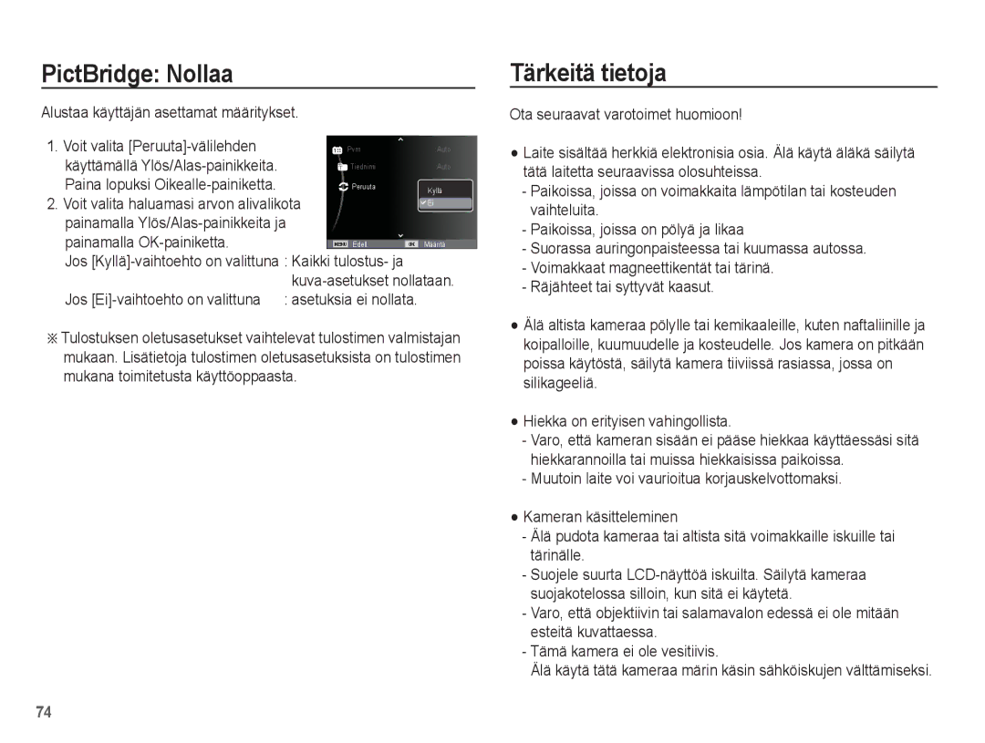 Samsung EC-ES15ZPBA/E2, EC-ES15ZBBA/E2 manual PictBridge Nollaa, Tärkeitä tietoja, Alustaa käyttäjän asettamat määritykset 