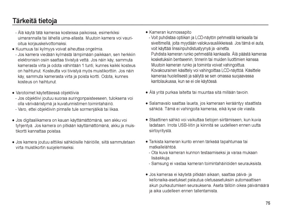 Samsung EC-ES15ZBBA/E2 Varotoimet käytettäessä objektiivia, Älä yritä purkaa laitetta tai muuntaa sitä millään tavoin 