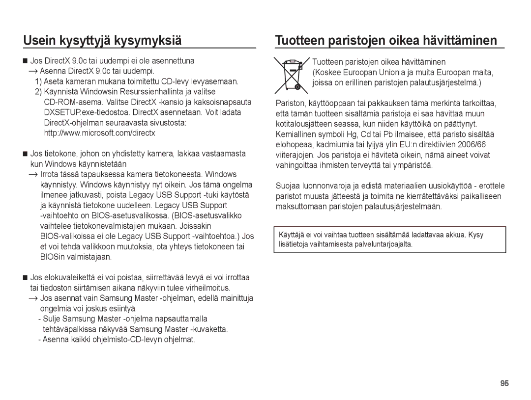 Samsung EC-ES15ZBBA/E2, EC-ES15ZWBA/E2 Tuotteen paristojen oikea hävittäminen, Asenna kaikki ohjelmisto-CD-levyn ohjelmat 