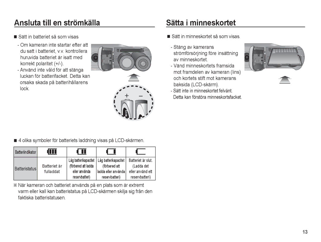 Samsung EC-ES15ZSBA/E2, EC-ES15ZBBA/E2, EC-ES15ZWBA/E2, EC-ES15ZPBA/E2 manual Sätta i minneskortet, Batteristatus 