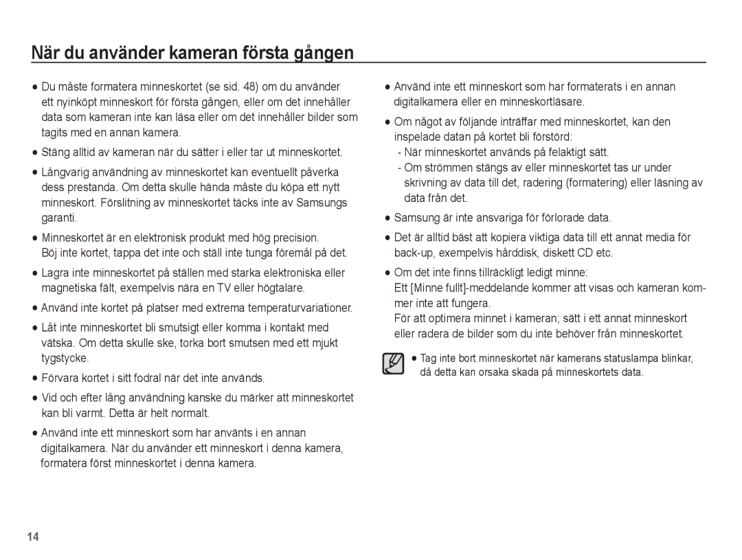 Samsung EC-ES15ZPBA/E2, EC-ES15ZBBA/E2, EC-ES15ZWBA/E2, EC-ES15ZSBA/E2 manual När du använder kameran första gången 