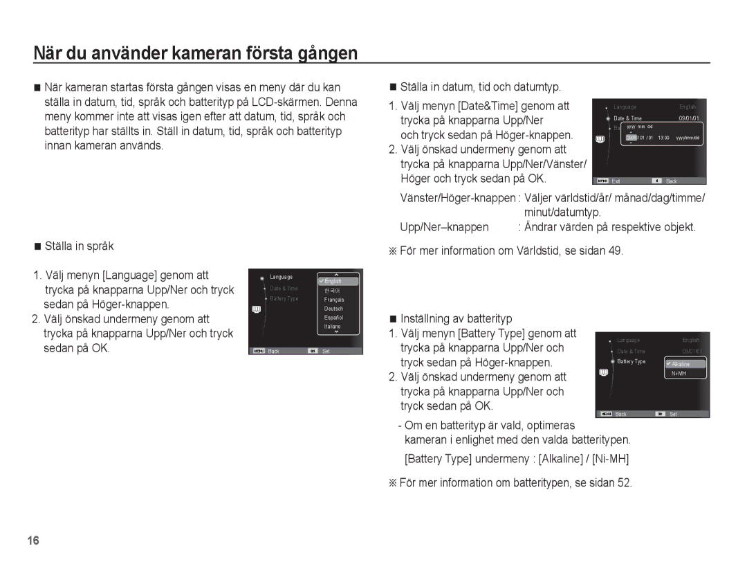 Samsung EC-ES15ZWBA/E2 manual Ställa in datum, tid och datumtyp, Minut/datumtyp, Upp/Ner-knappen, Inställning av batterityp 