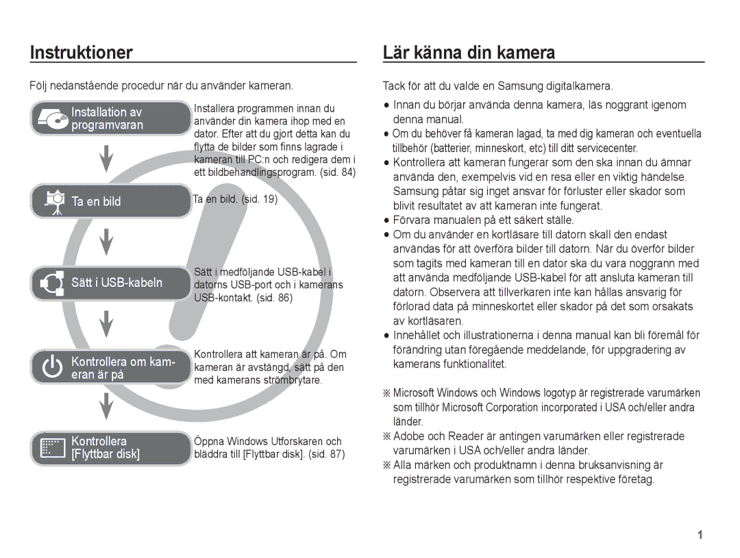 Samsung EC-ES15ZSBA/E2 manual Instruktioner, Lär känna din kamera, Följ nedanstående procedur när du använder kameran 