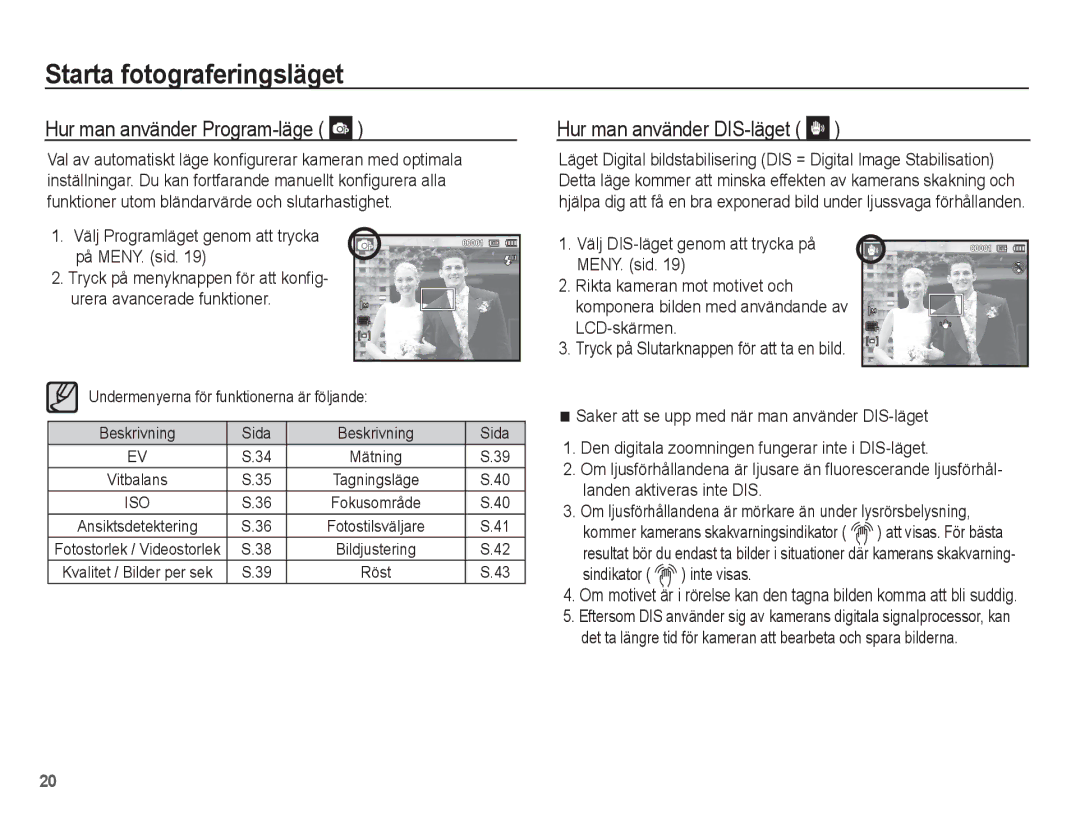 Samsung EC-ES15ZWBA/E2, EC-ES15ZBBA/E2, EC-ES15ZSBA/E2 manual Hur man använder Program-läge, Hur man använder DIS-läget 