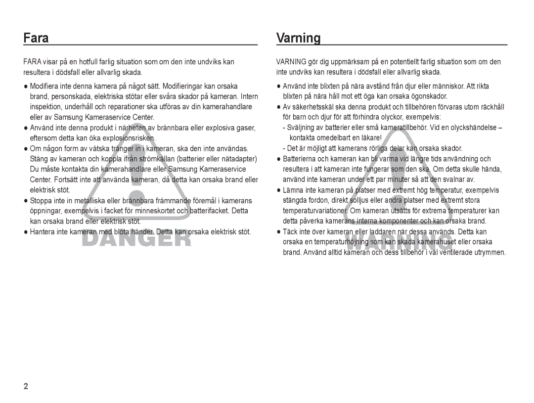 Samsung EC-ES15ZPBA/E2, EC-ES15ZBBA/E2, EC-ES15ZWBA/E2, EC-ES15ZSBA/E2 manual Fara, Varning 