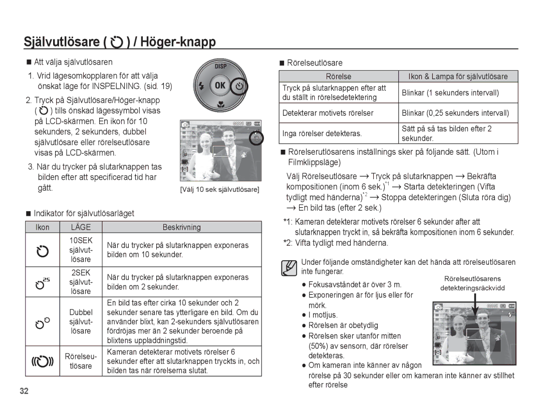 Samsung EC-ES15ZWBA/E2, EC-ES15ZBBA/E2 Att välja självutlösaren, Gått, Indikator för självutlösarläget, Rörelseutlösare 