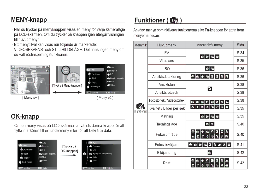 Samsung EC-ES15ZSBA/E2 manual MENY-knapp, OK-knapp, Funktioner, Andranivå-meny Sida, Fotostilsväljare Bildjustering Röst 