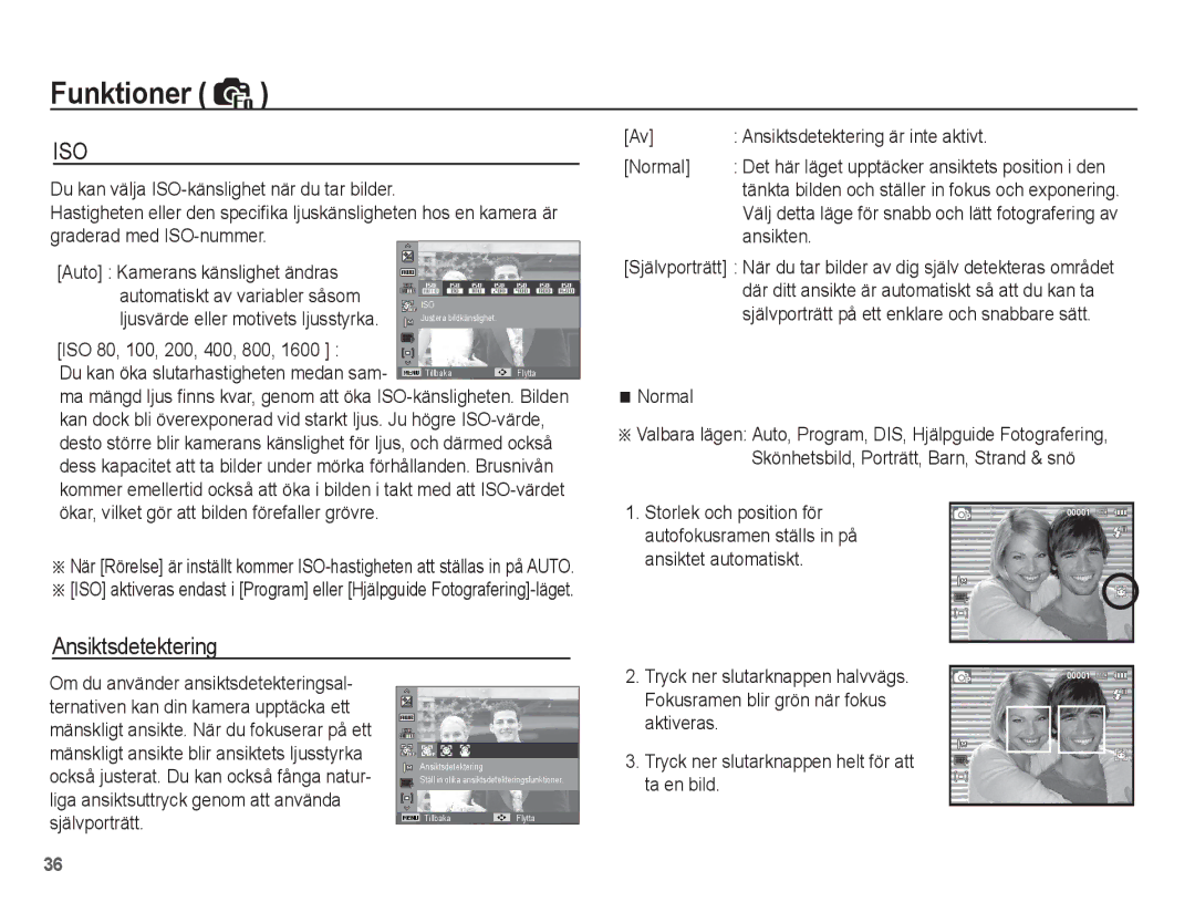 Samsung EC-ES15ZWBA/E2, EC-ES15ZBBA/E2, EC-ES15ZSBA/E2, EC-ES15ZPBA/E2 manual Ansiktsdetektering 