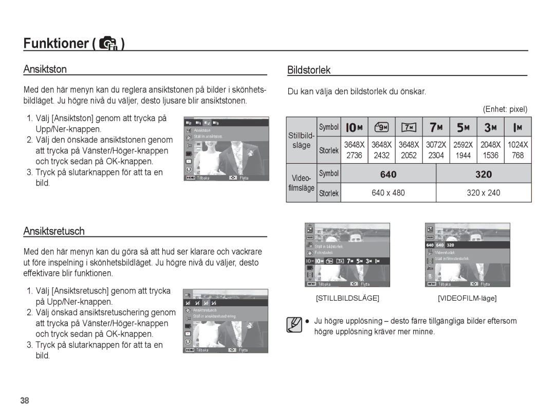 Samsung EC-ES15ZPBA/E2, EC-ES15ZBBA/E2, EC-ES15ZWBA/E2 manual Ansiktston, Bildstorlek, Ansiktsretusch, På Upp/Ner-knappen 