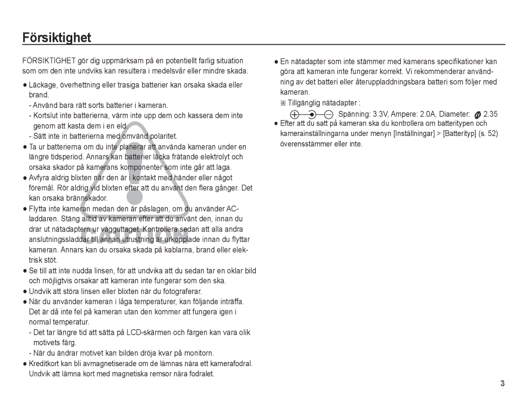 Samsung EC-ES15ZBBA/E2, EC-ES15ZWBA/E2, EC-ES15ZSBA/E2, EC-ES15ZPBA/E2 manual Försiktighet 