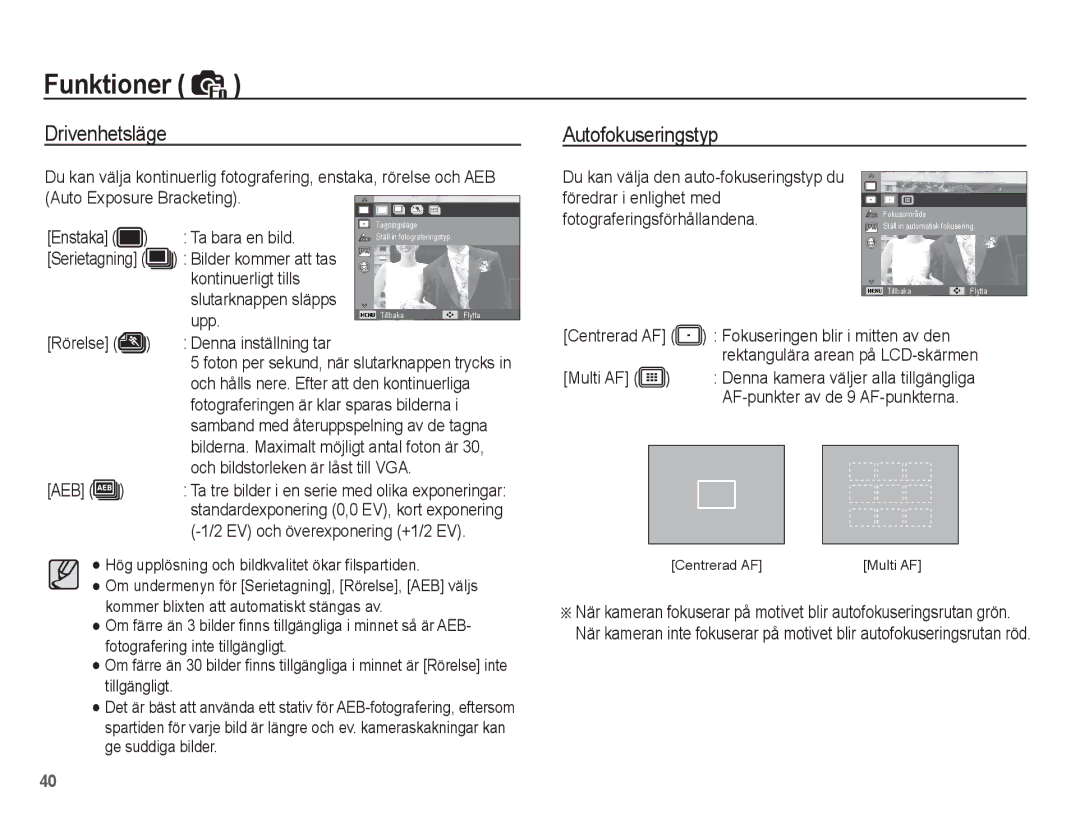 Samsung EC-ES15ZWBA/E2, EC-ES15ZBBA/E2, EC-ES15ZSBA/E2, EC-ES15ZPBA/E2 manual Drivenhetsläge Autofokuseringstyp 