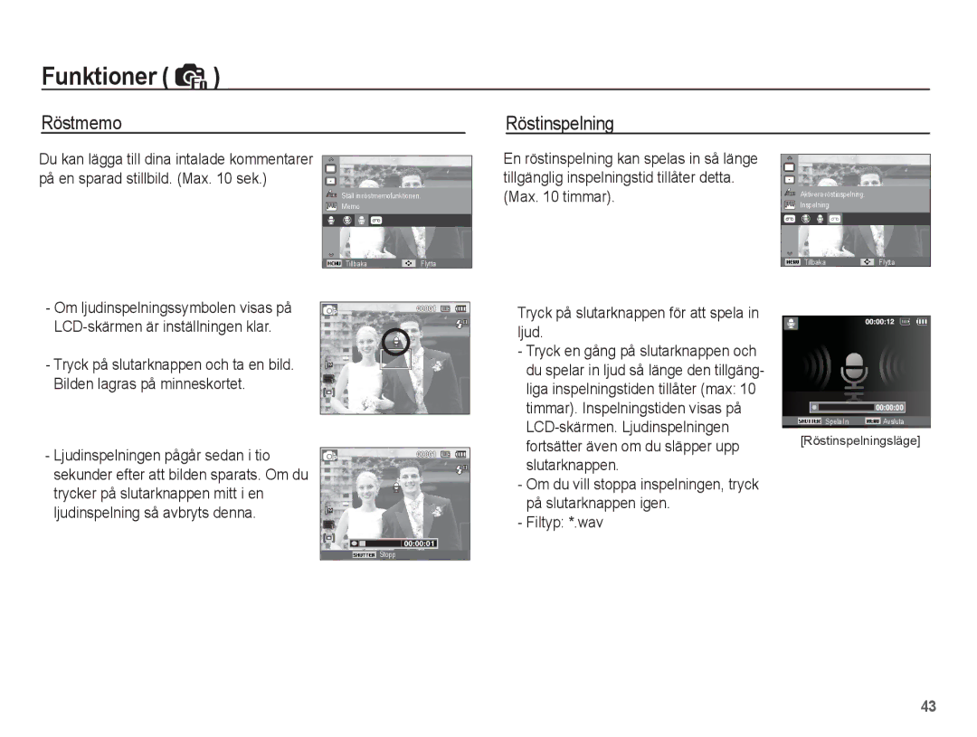 Samsung EC-ES15ZBBA/E2, EC-ES15ZWBA/E2, EC-ES15ZSBA/E2, EC-ES15ZPBA/E2 manual Röstmemo, Röstinspelning 