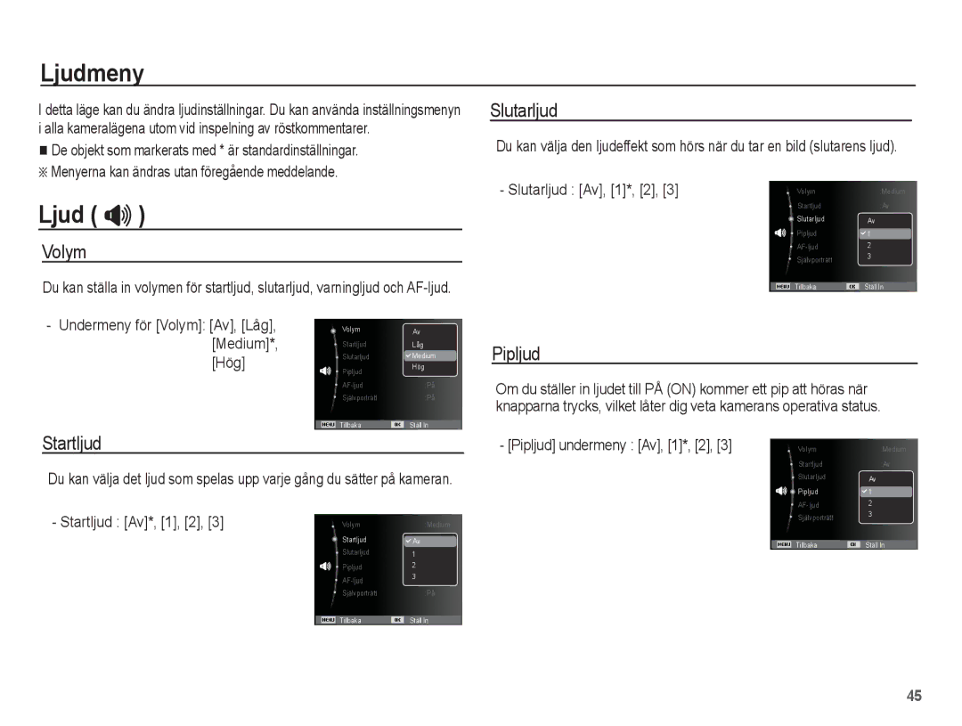 Samsung EC-ES15ZSBA/E2, EC-ES15ZBBA/E2, EC-ES15ZWBA/E2, EC-ES15ZPBA/E2 manual Ljudmeny, Ljud  