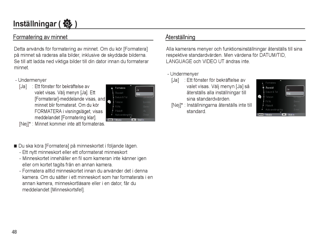 Samsung EC-ES15ZWBA/E2, EC-ES15ZBBA/E2, EC-ES15ZSBA/E2, EC-ES15ZPBA/E2 Inställningar, Formatering av minnet, Återställning 