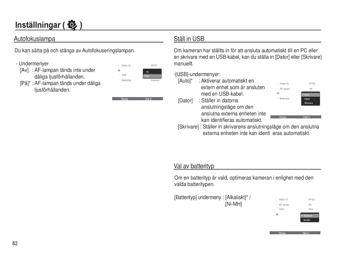 Samsung EC-ES15ZWBA/E2, EC-ES15ZBBA/E2, EC-ES15ZSBA/E2, EC-ES15ZPBA/E2 manual Autofokuslampa, Ställ in USB, Val av batterityp 