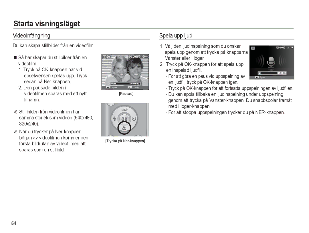 Samsung EC-ES15ZPBA/E2, EC-ES15ZBBA/E2, EC-ES15ZWBA/E2, EC-ES15ZSBA/E2 manual Videoinfångning, Spela upp ljud 