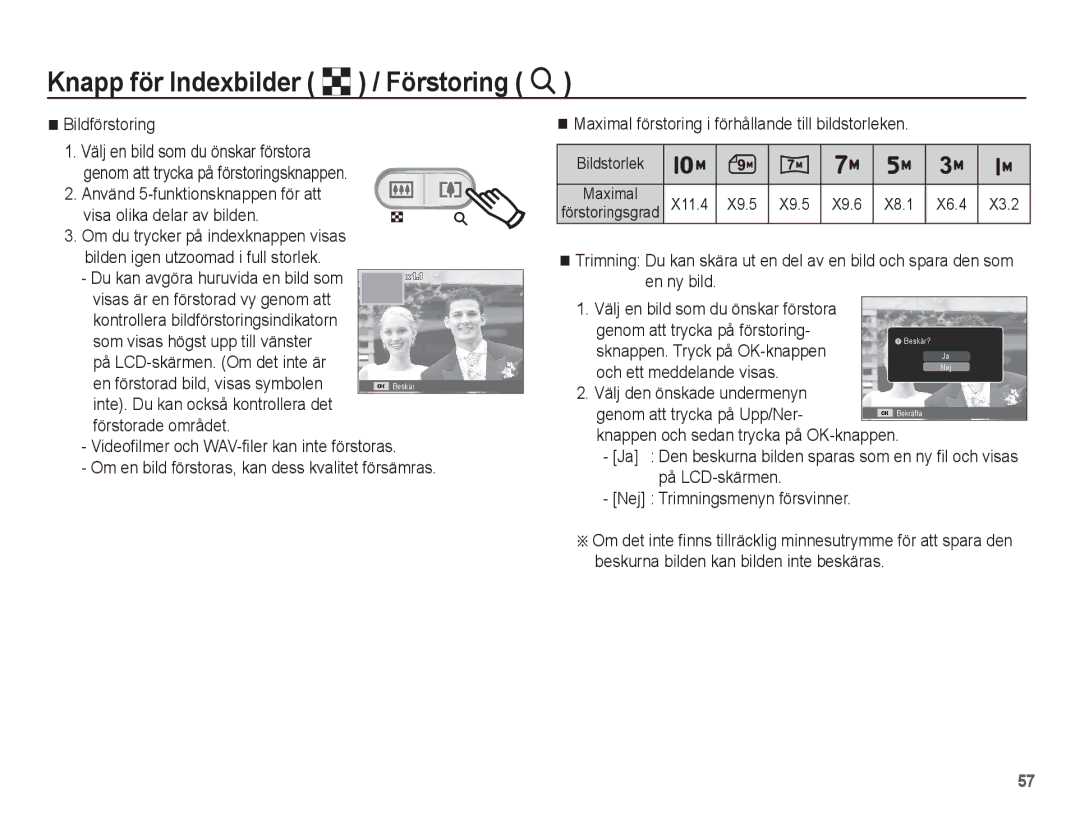 Samsung EC-ES15ZSBA/E2, EC-ES15ZBBA/E2 Knapp för Indexbilder º / Förstoring í, Bildförstoring, Välj den önskade undermenyn 