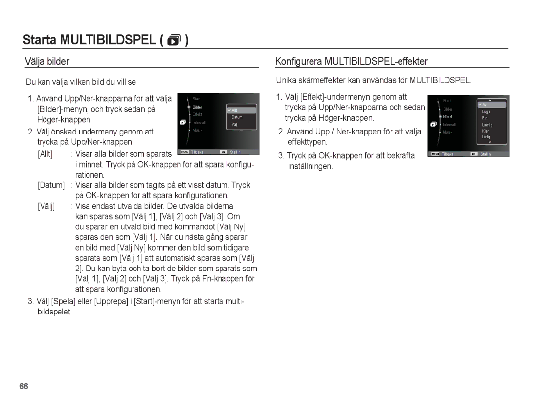 Samsung EC-ES15ZPBA/E2, EC-ES15ZBBA/E2, EC-ES15ZWBA/E2, EC-ES15ZSBA/E2 manual Välja bilder Konfigurera MULTIBILDSPEL-effekter 