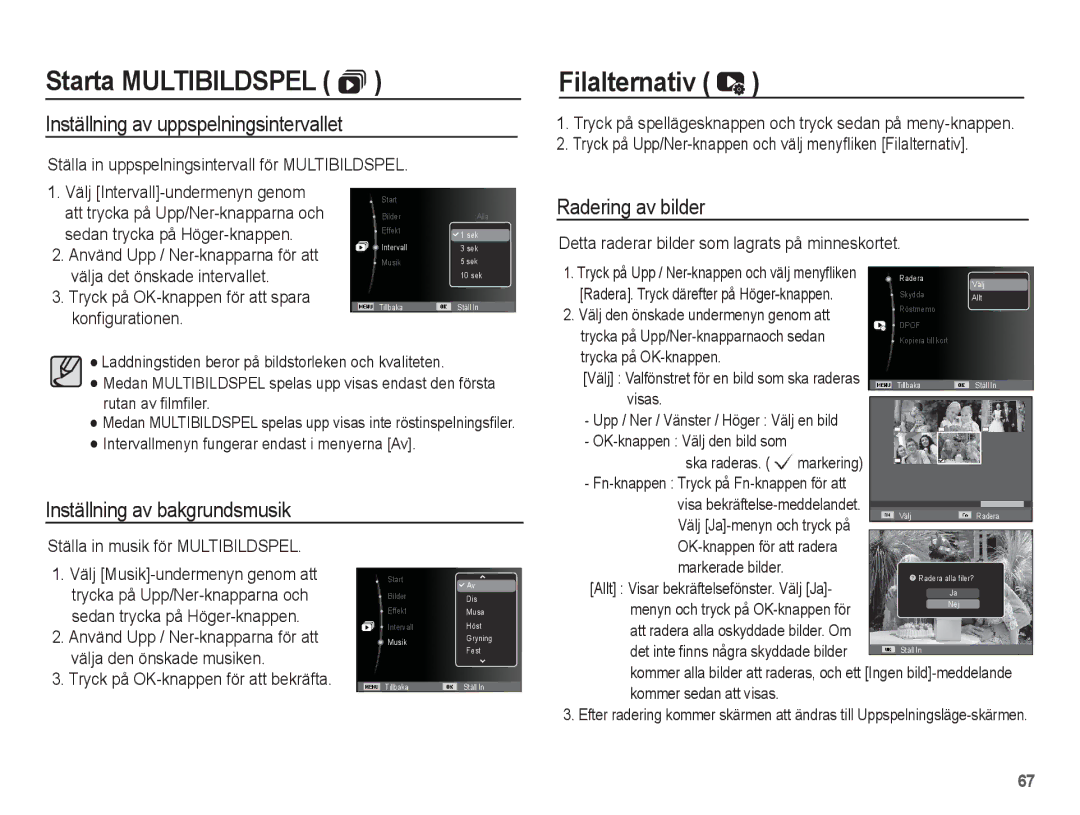 Samsung EC-ES15ZBBA/E2, EC-ES15ZWBA/E2 manual Filalternativ, Inställning av uppspelningsintervallet, Radering av bilder 