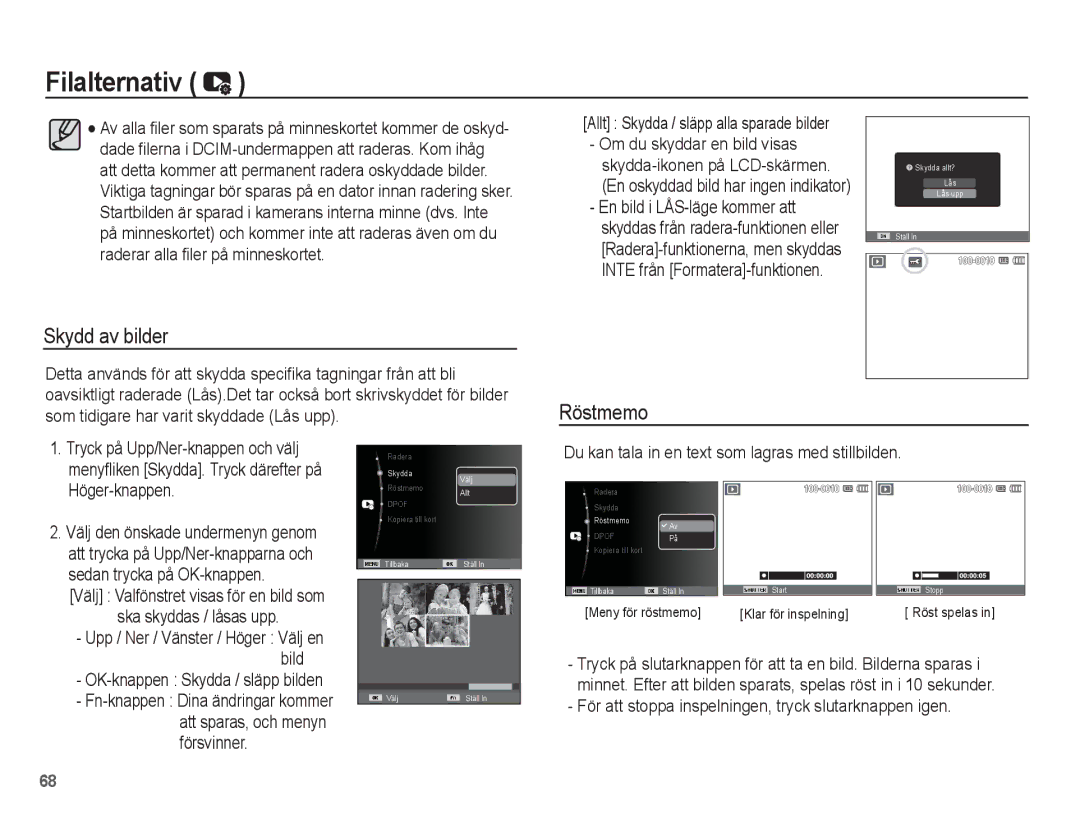 Samsung EC-ES15ZWBA/E2, EC-ES15ZBBA/E2, EC-ES15ZSBA/E2 Skydd av bilder, Du kan tala in en text som lagras med stillbilden 