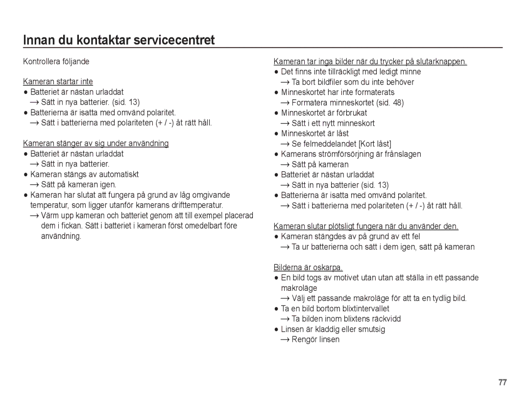 Samsung EC-ES15ZSBA/E2, EC-ES15ZBBA/E2, EC-ES15ZWBA/E2, EC-ES15ZPBA/E2 manual Innan du kontaktar servicecentret 