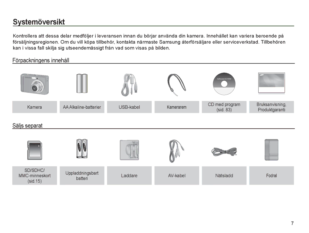 Samsung EC-ES15ZBBA/E2, EC-ES15ZWBA/E2 Systemöversikt, Förpackningens innehåll, Säljs separat, Laddare AV-kabel Nätsladd 