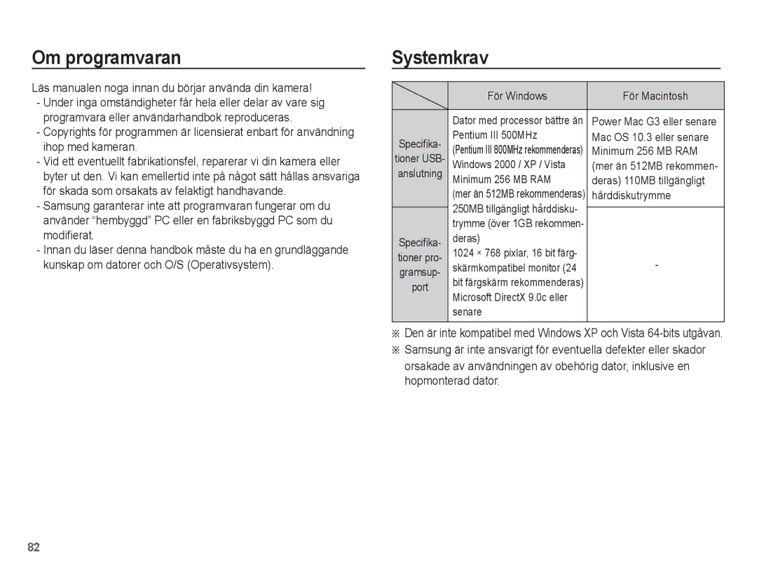 Samsung EC-ES15ZPBA/E2, EC-ES15ZBBA/E2 Om programvaran, Systemkrav, Läs manualen noga innan du börjar använda din kamera 