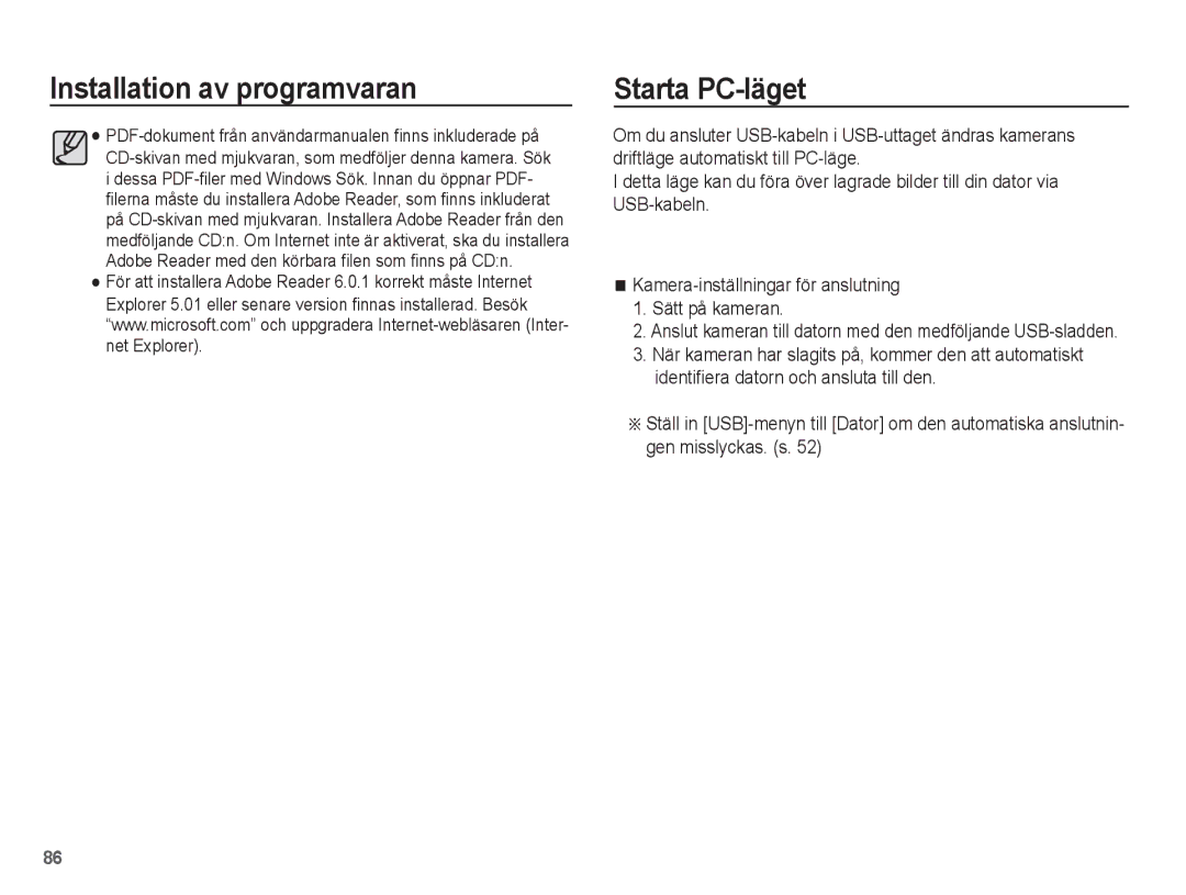 Samsung EC-ES15ZPBA/E2, EC-ES15ZBBA/E2, EC-ES15ZWBA/E2, EC-ES15ZSBA/E2 manual Installation av programvaran Starta PC-läget 