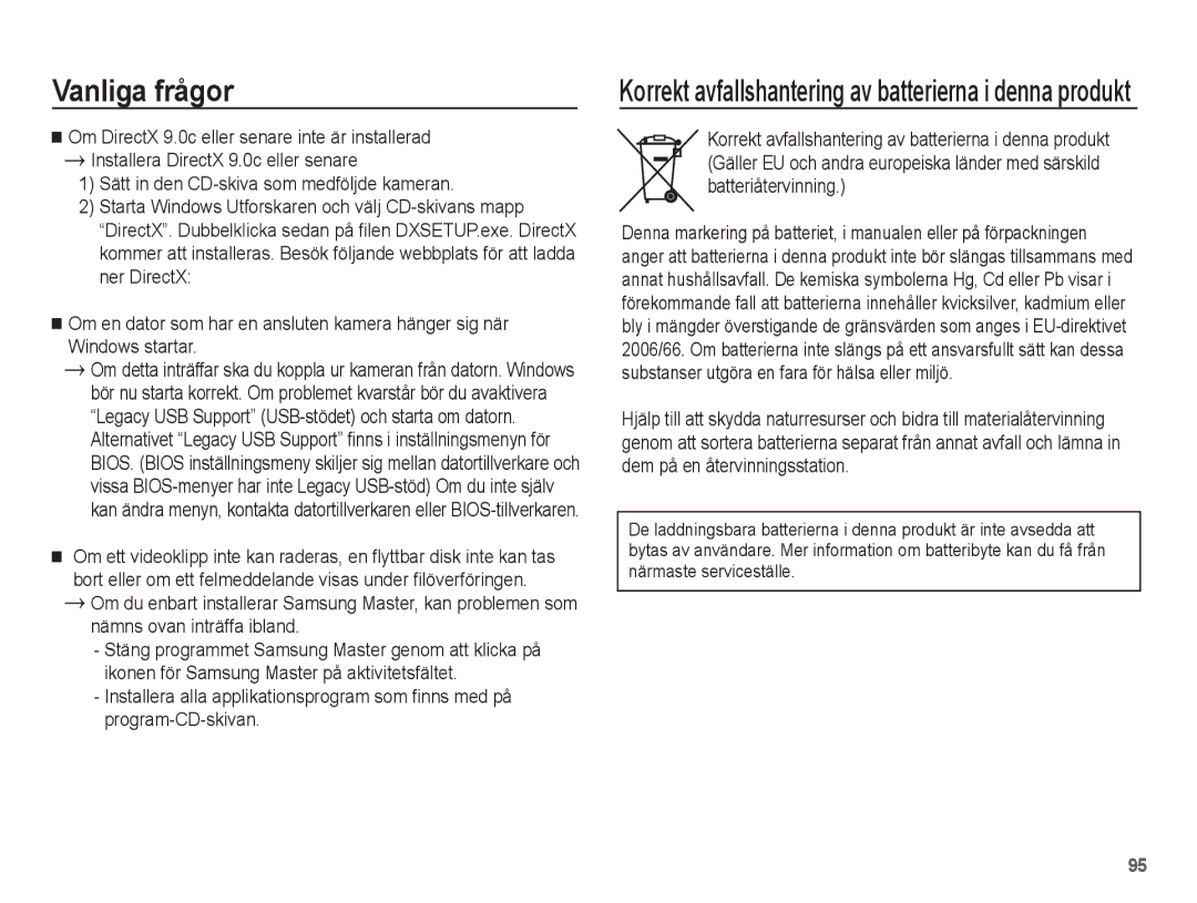 Samsung EC-ES15ZBBA/E2, EC-ES15ZWBA/E2, EC-ES15ZSBA/E2 manual Korrekt avfallshantering av batterierna i denna produkt 