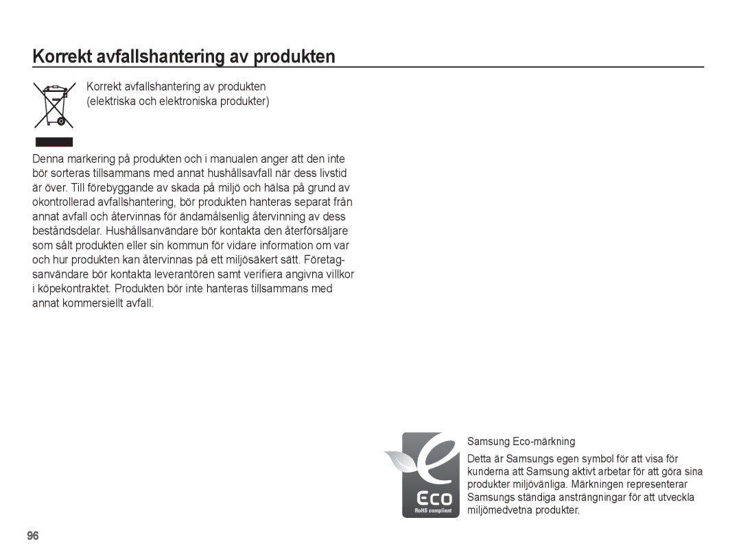 Samsung EC-ES15ZWBA/E2, EC-ES15ZBBA/E2, EC-ES15ZSBA/E2 manual Korrekt avfallshantering av produkten, Samsung Eco-märkning 