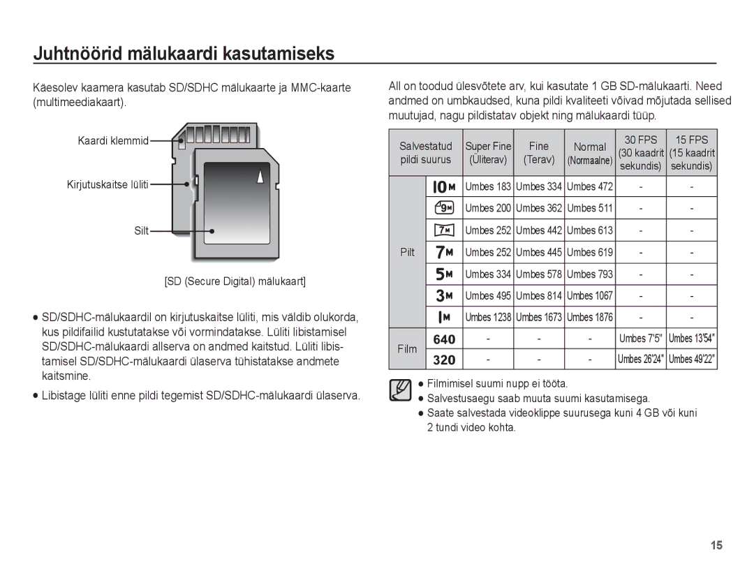 Samsung EC-ES15ZBBA/RU, EC-ES15ZSBA/RU manual Salvestatud, Pildi suurus, Pilt, Film 